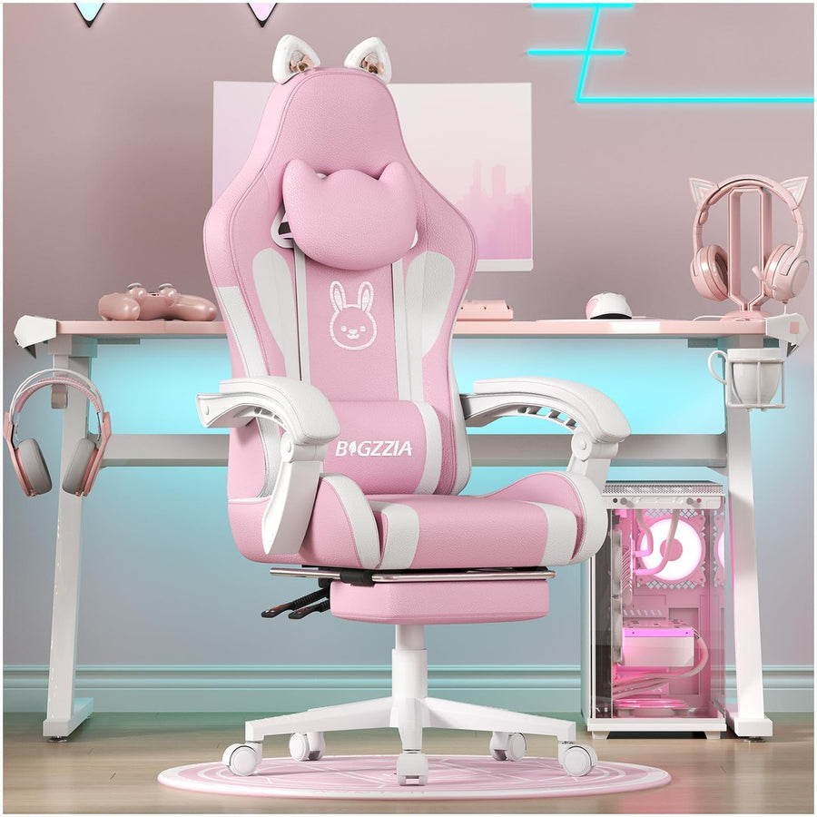 Cute Gaming Chair Cat Ears Massage Footrest Pink White