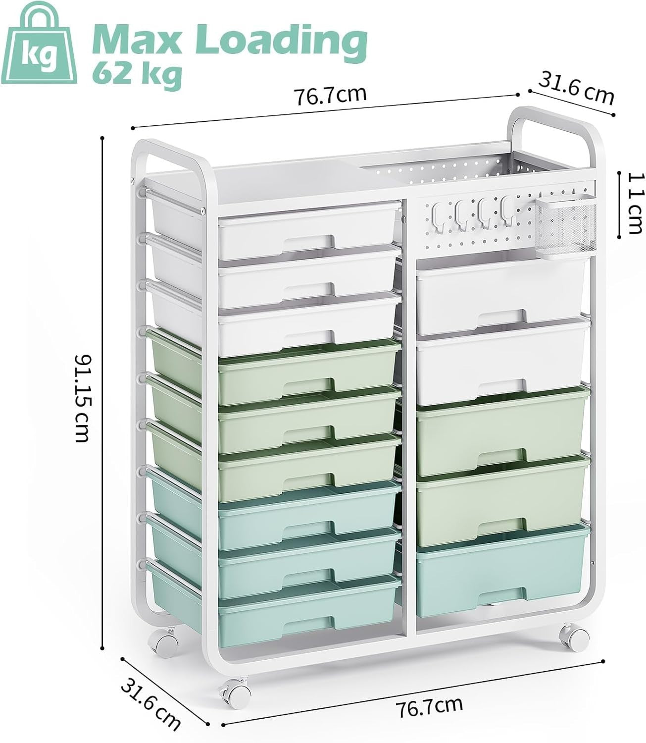 14 Drawer Craft Storage Trolley Cart Pegboard Organizer with Wheels