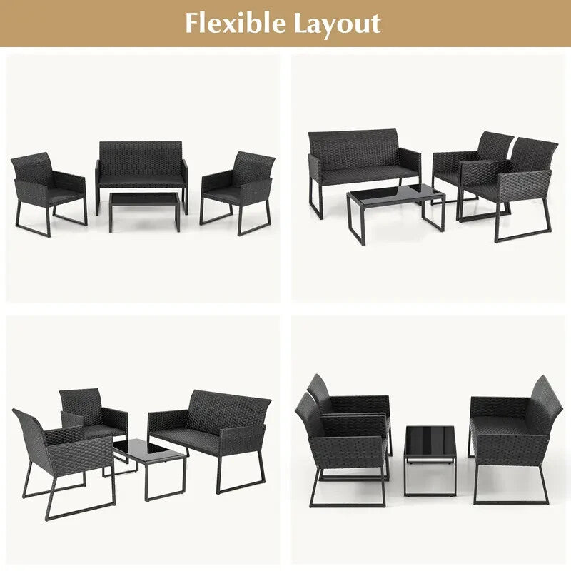 4-Piece Rattan Garden Furniture Set Outdoor Weatherproof Sofa Chairs Table