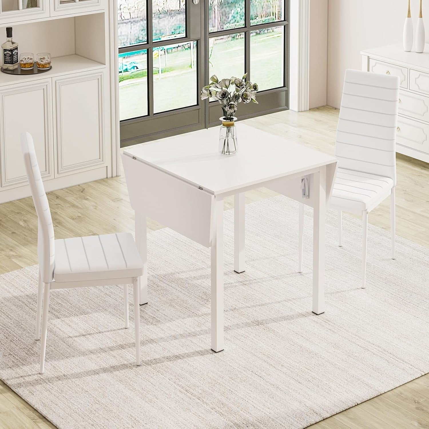 Space-Saving Drop Leaf White Dining Table & 2 High-Back Grey PU Leather Chairs