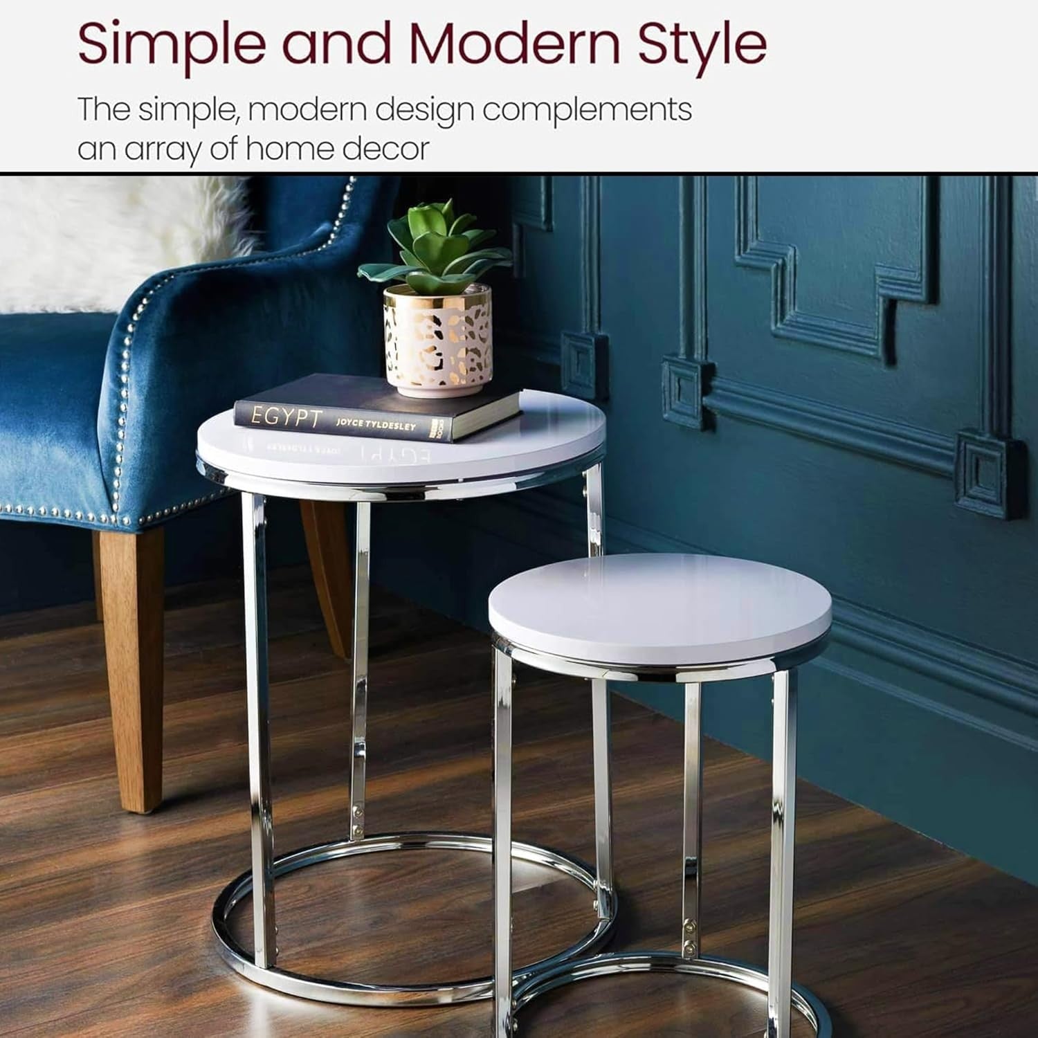 Space Saving White Nesting Side End Tables Set of 2 Chrome Legs Living Room
