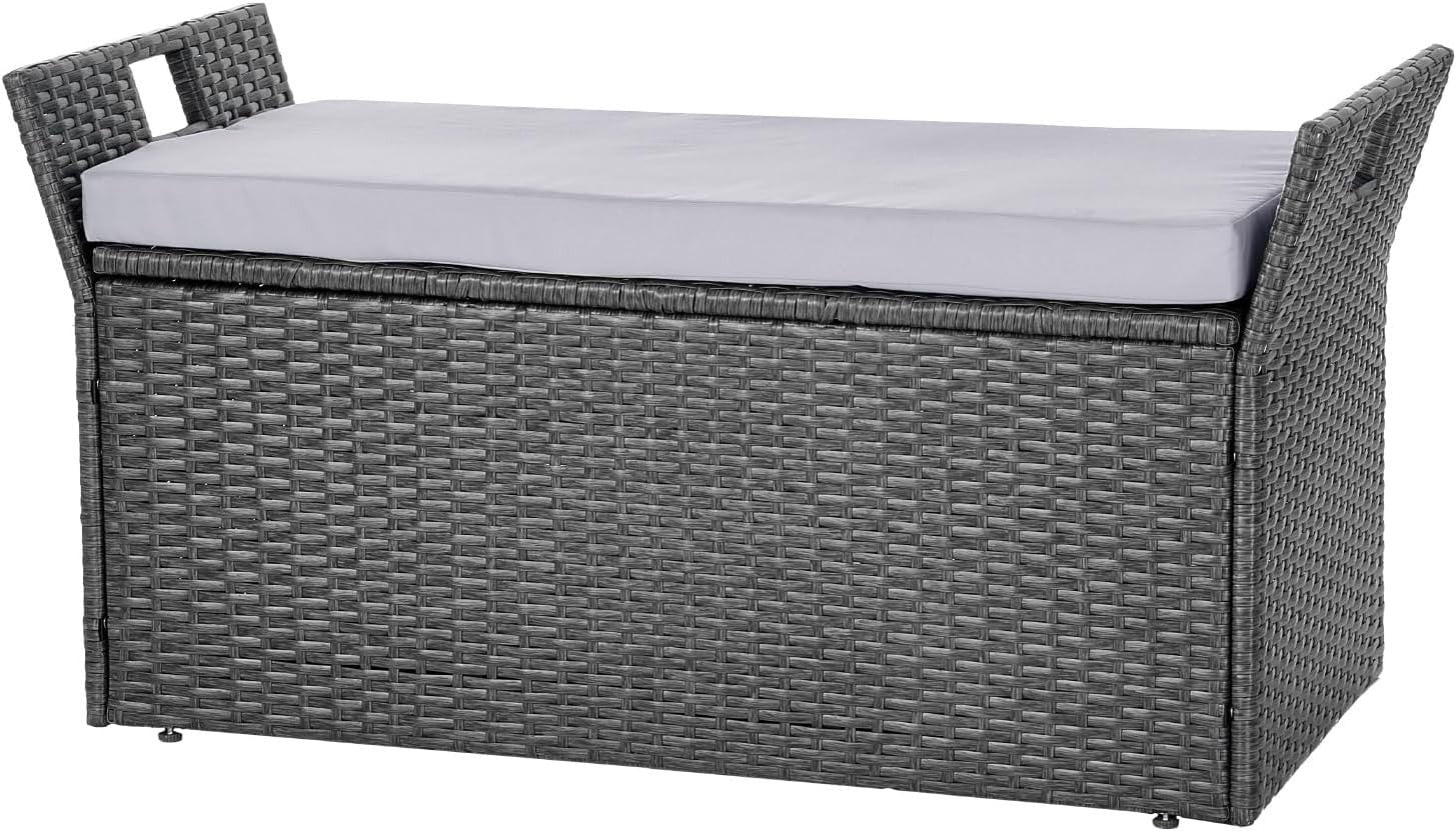 Outdoor 2-Person Storage Bench with Cushion, Weatherproof Rattan, 400 lbs Load
