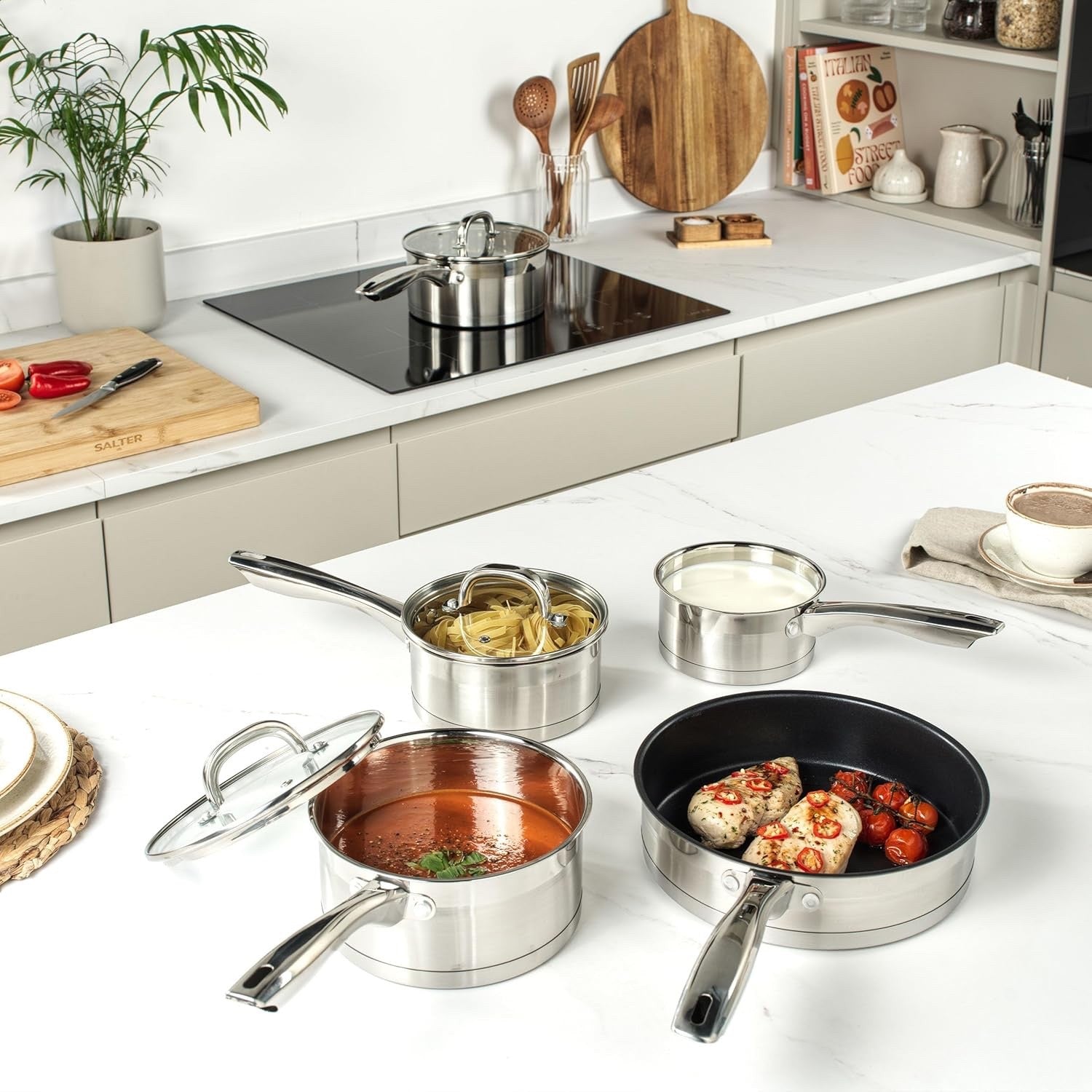 5pcs Stainless Steel Induction Saucepans and Frying Pan Set with Glass Lids