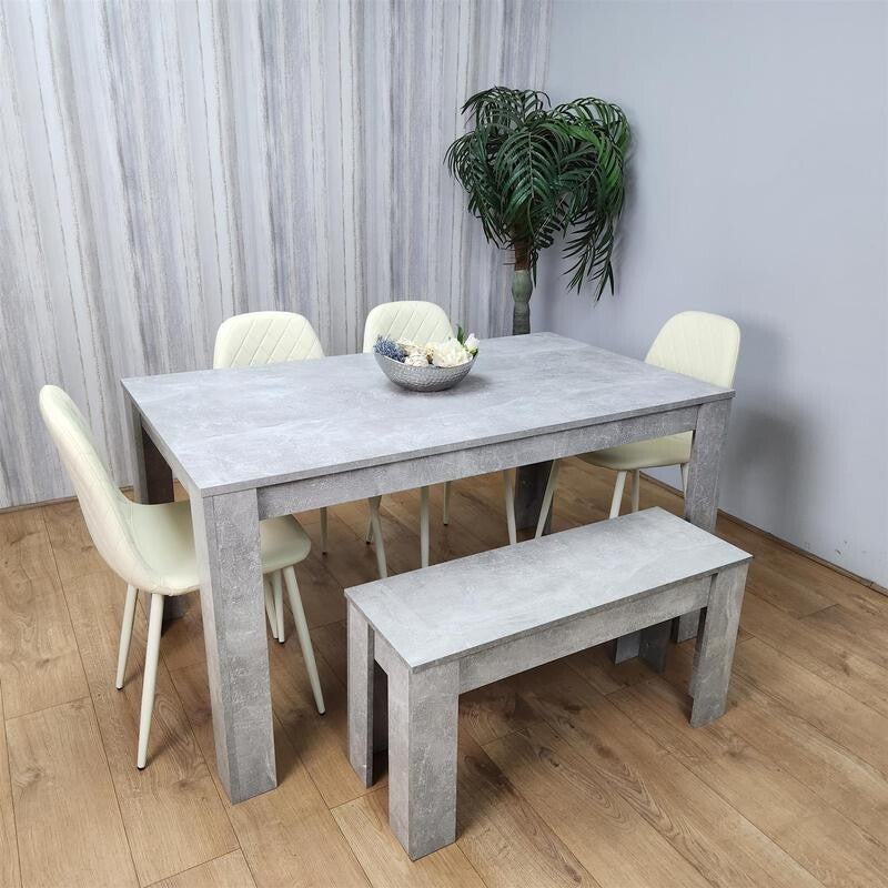 6 Seater Grey Dining Table Set with Cream Leather Chairs & Bench Oak Look
