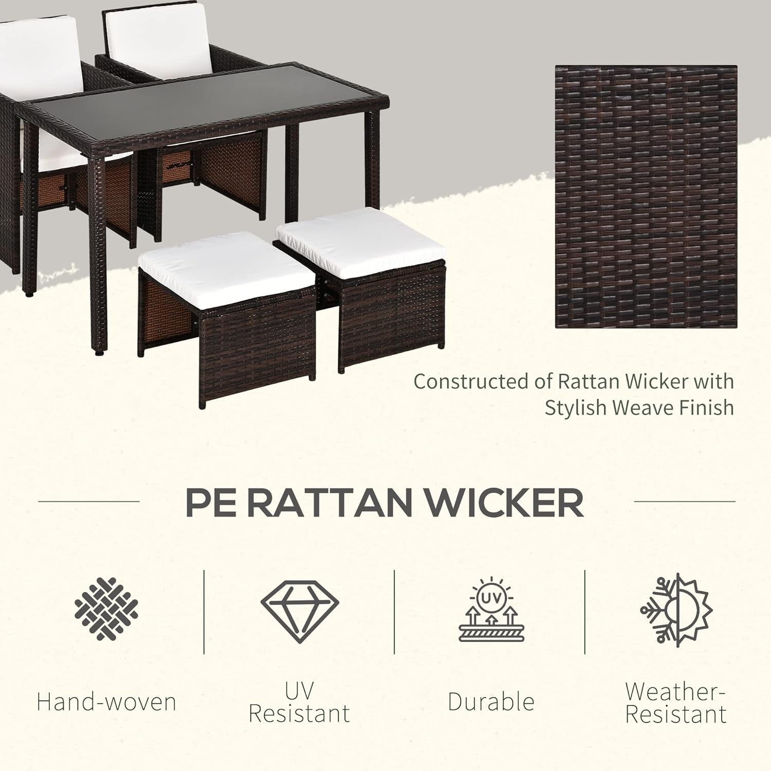Space Saving Rattan Dining Set 4PC Cube Chairs Glass Table Patio Balcony