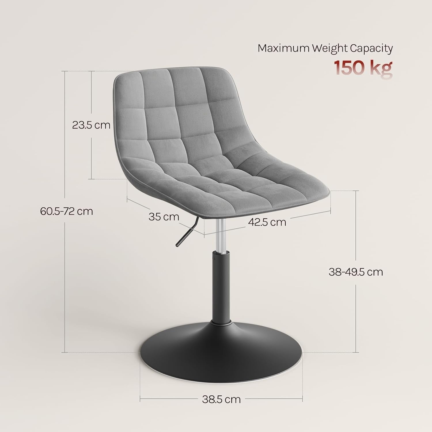 Light Grey Velvet Swivel Vanity Stool Height Adjustable Dressing Chair
