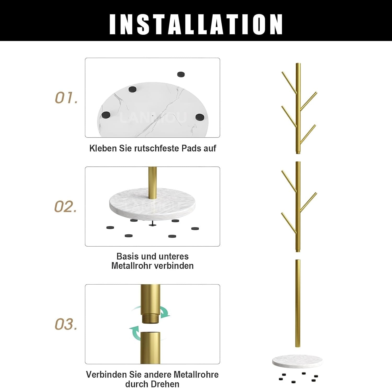 Gold Metal Coat Stand with Marble Base 7 Hooks Tree Rack for Bedroom Hallway