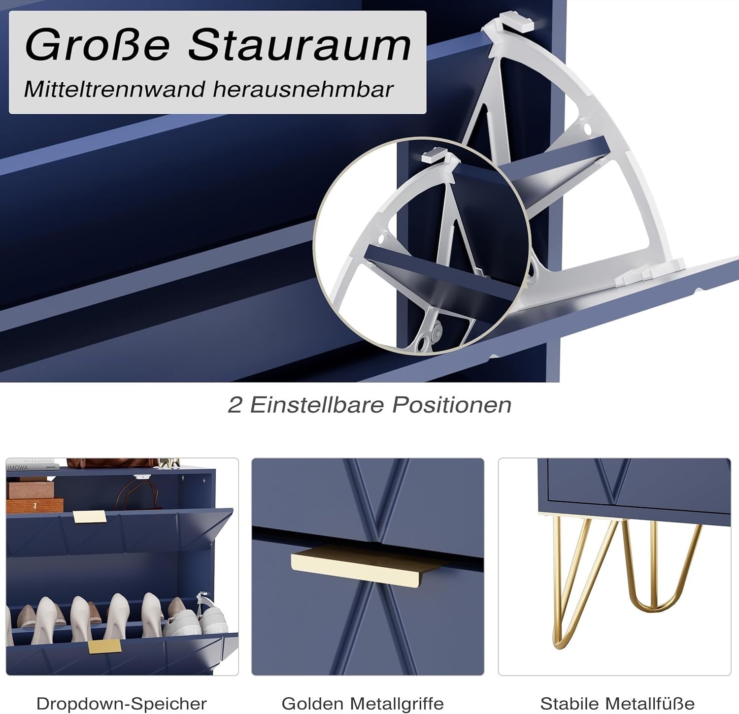 Navy Blue Tilting Shoe Cabinet 3 Compartments Hidden Shelf Storage 80x24x120cm