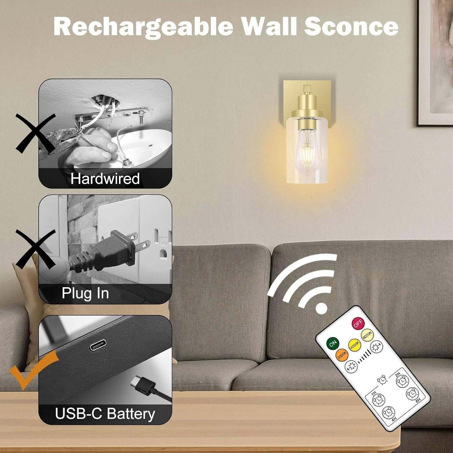 Gold Wall Sconce Lights 2-Pack, Rechargeable LED, Remote, Dimmable