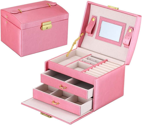 Luxury PU Jewelry Storage Case with Mirror Lock Carry Handle 3 Tier Box