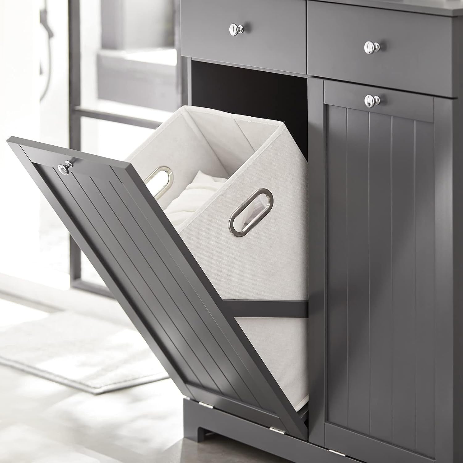 Bathroom Laundry Cabinet Storage Unit with Drawers & Baskets Grey MDF