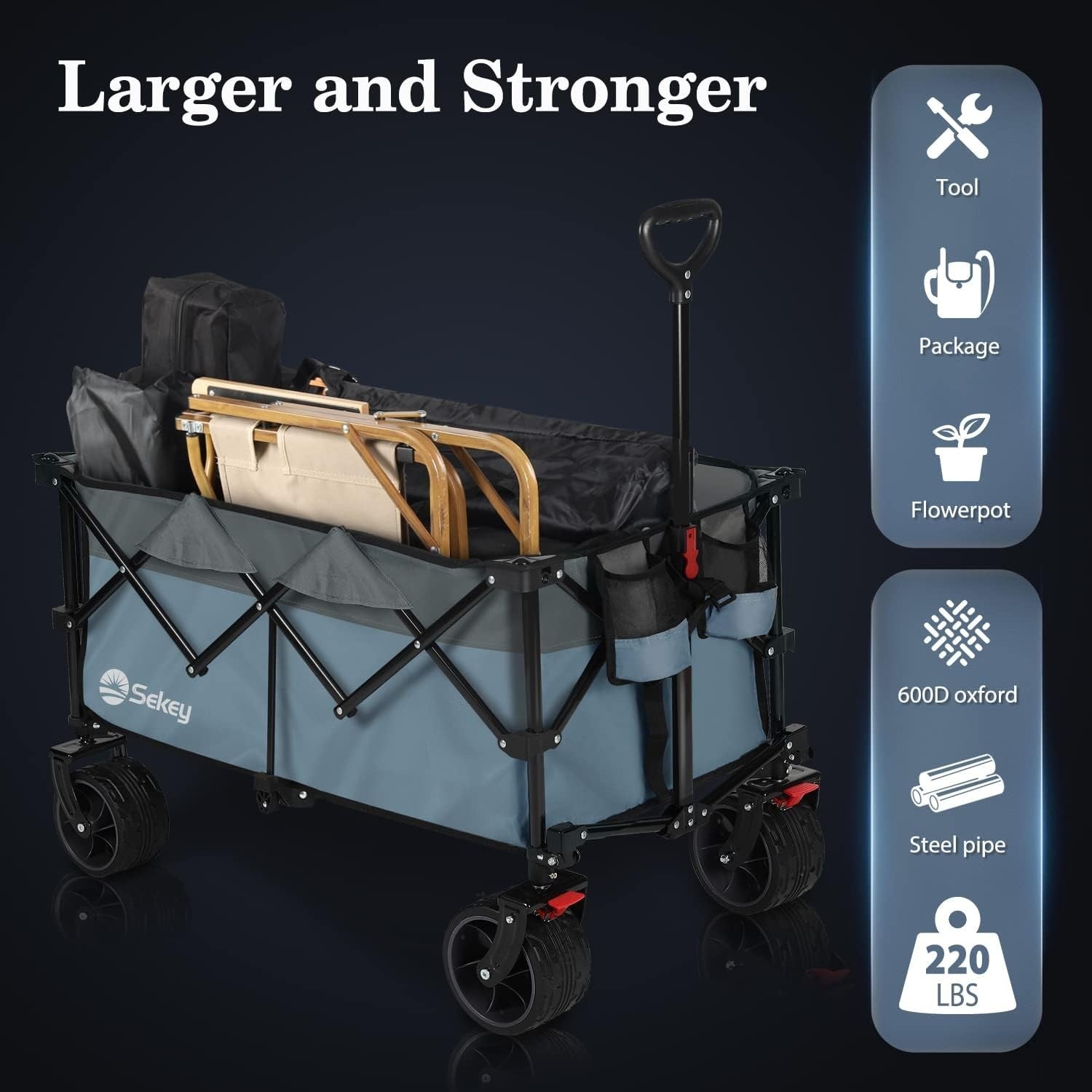 Blue/Grey 200L Folding Camping Wagon 150kg Heavy Duty All Terrain Festival Cart