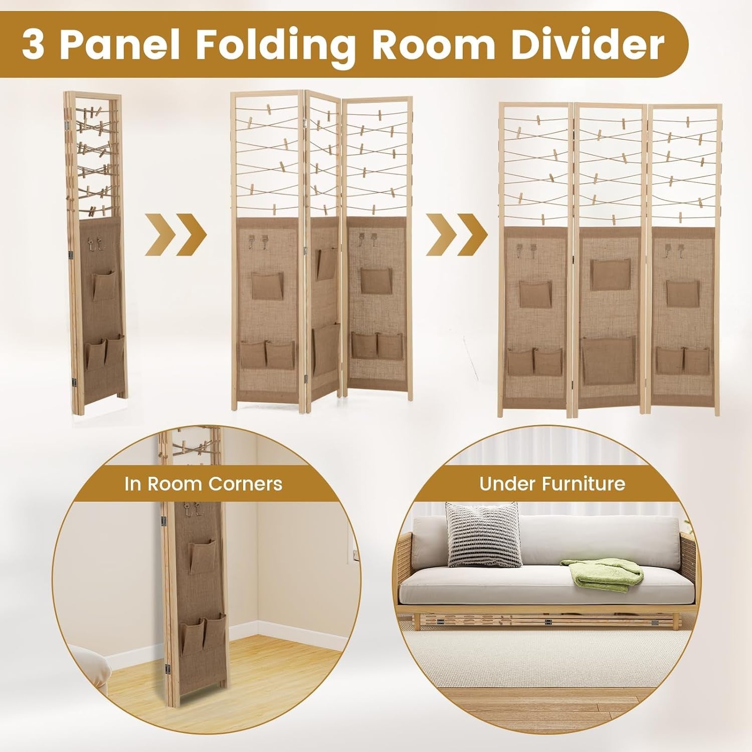 3 Panel Fabric Folding Room Divider with Hooks & Storage Pockets 120x170cm