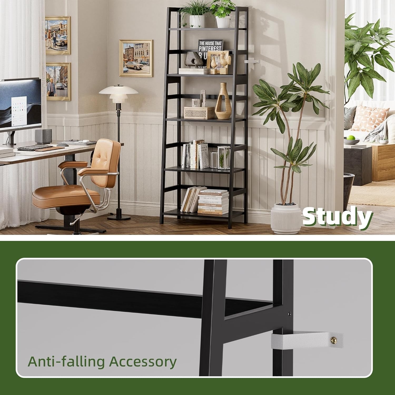 Black 5-Tier Bamboo Ladder Bookcase, Heavy Duty Tall Display Storage Shelf