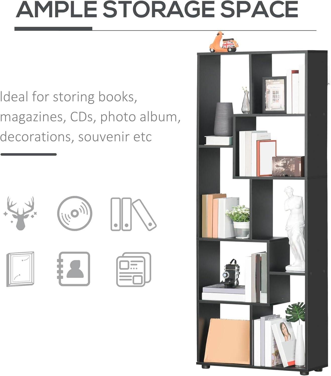 Modern 8-Cube Tall Bookcase Room Divider – Freestanding Storage Shelf Black
