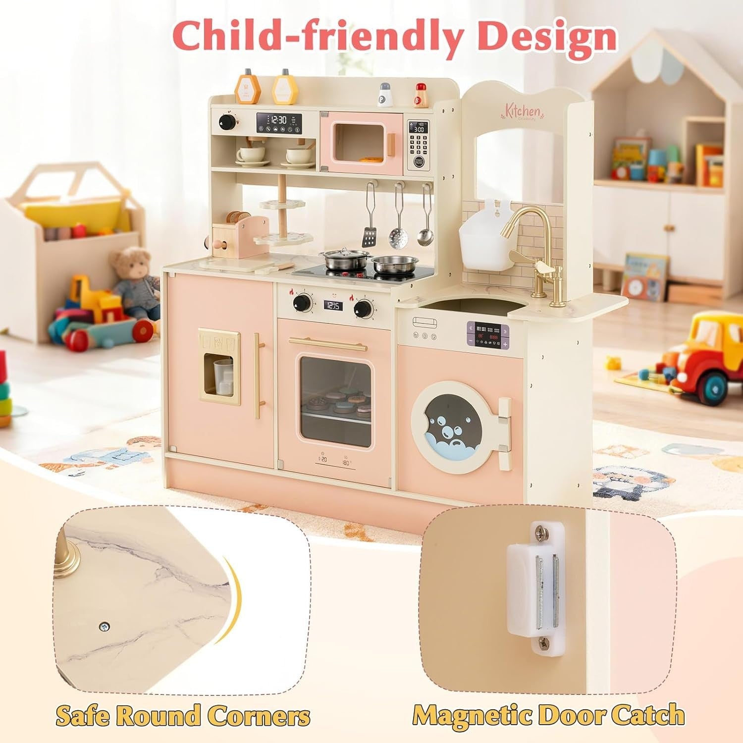 Kids Wooden Play Kitchen Light Sound Coffee Machine Toaster Pink Toy