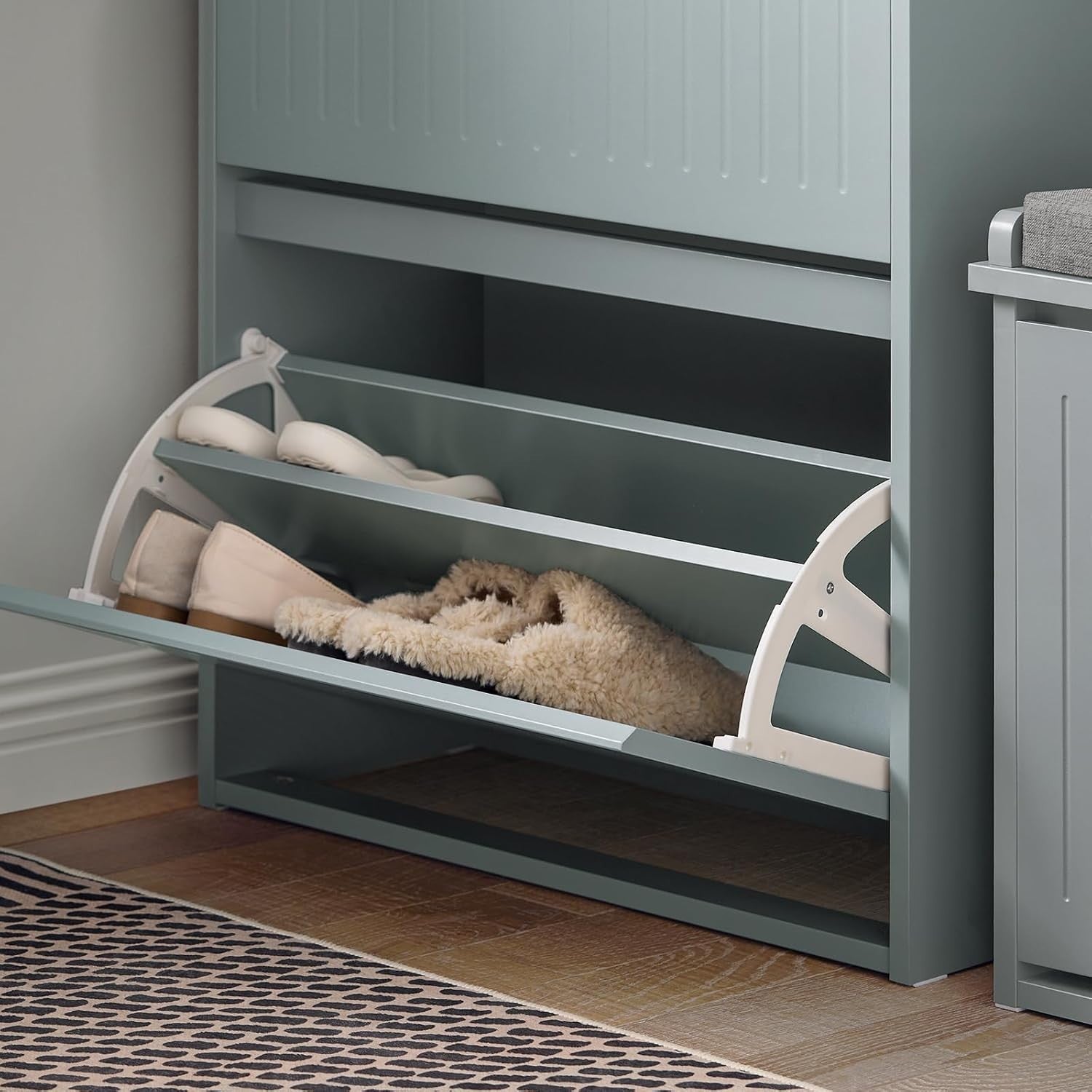 Slim Grey Shoe Storage Cabinet 2 Flip + 1 Pull-Out Drawer, Space Saver