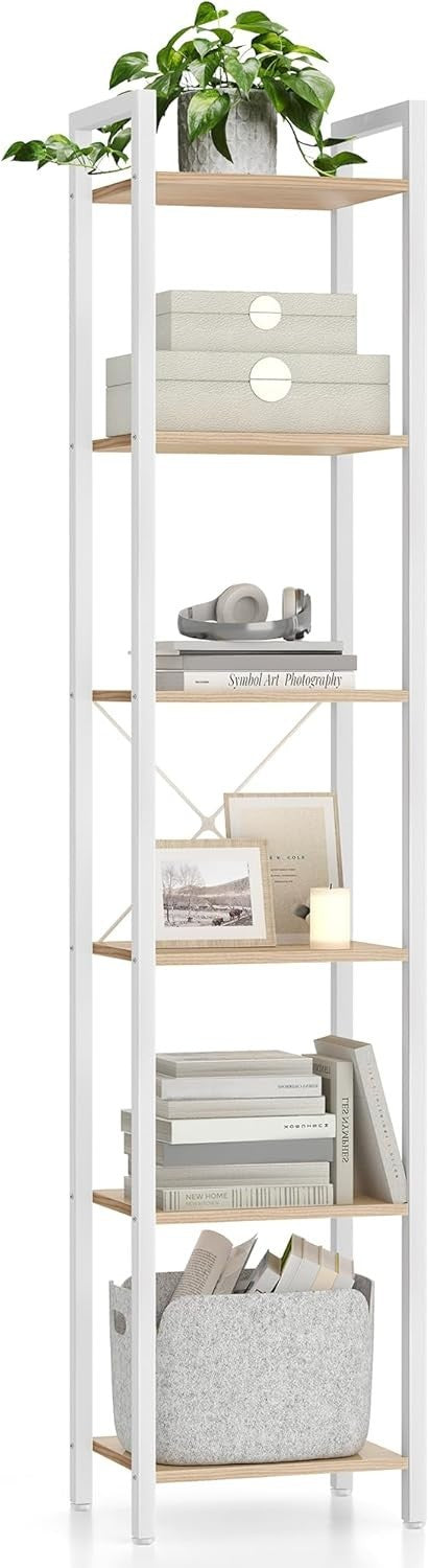 6-Tier Industrial Bookshelf 187.5cm Tall Slim Storage Unit Beige White