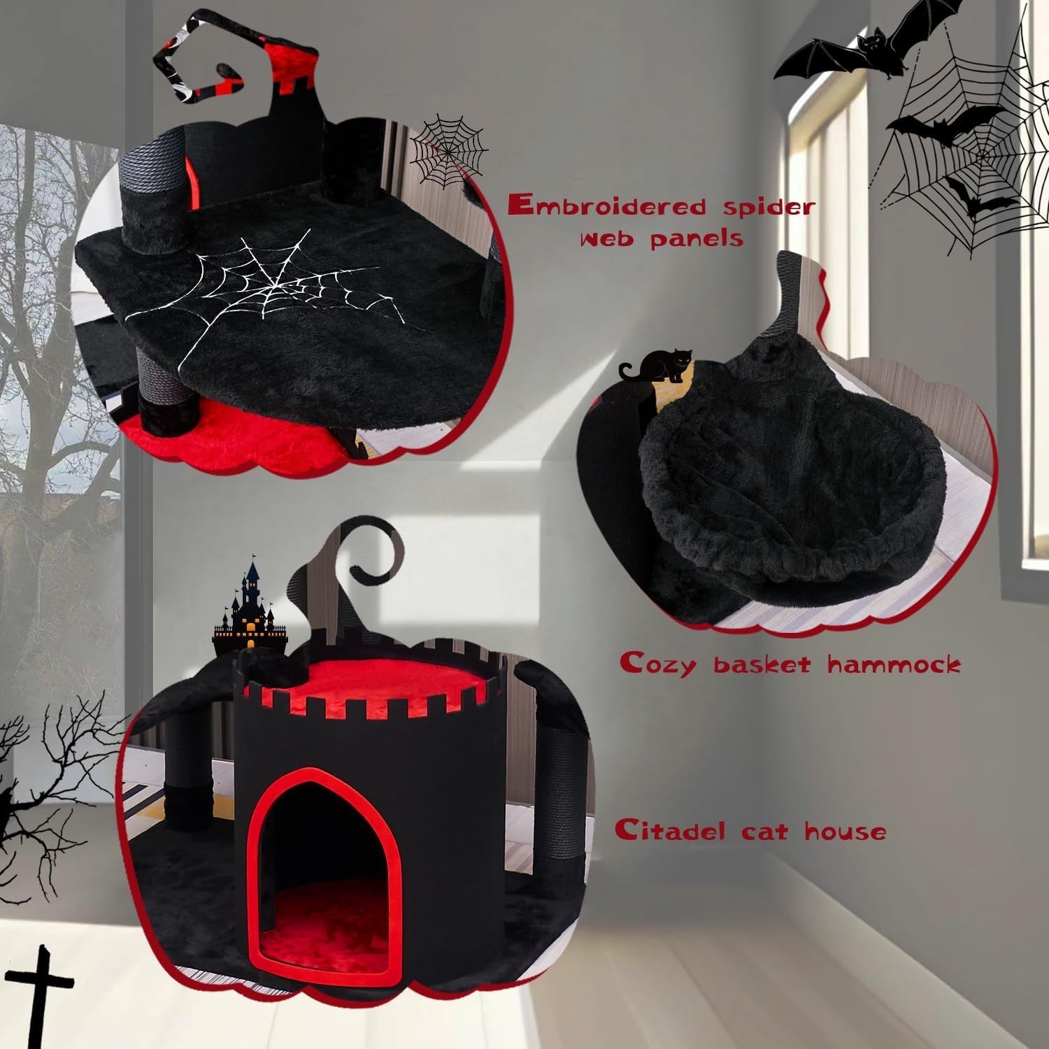 Gothic Cat Tree Castle 69in Tall Cat Tower Large Condo Coffin Bed Scratching