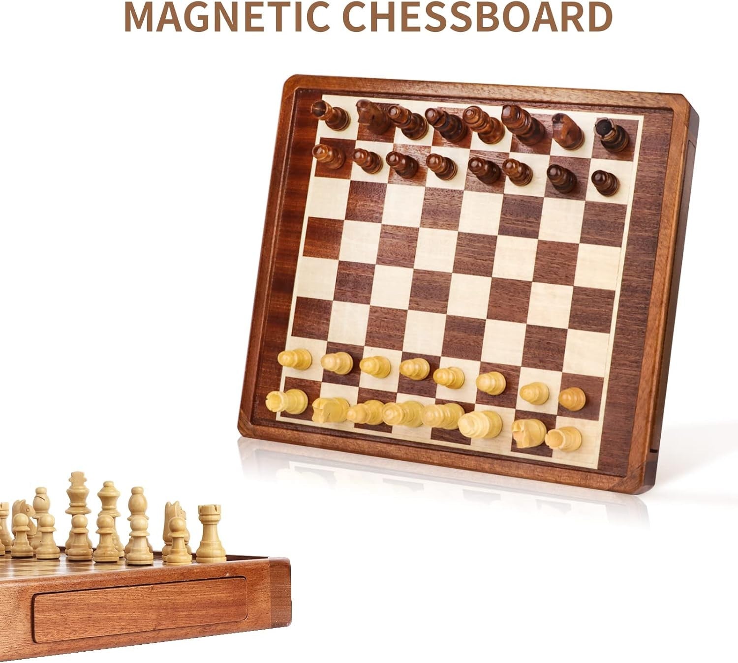 2-in-1 Wooden Magnetic Chess & Chinese Checkers Set with Storage Drawer