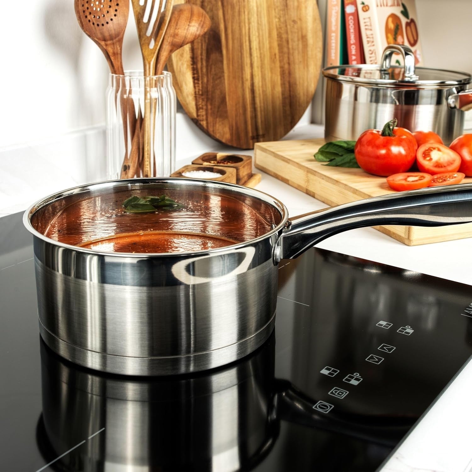 5pcs Stainless Steel Induction Saucepans and Frying Pan Set with Glass Lids