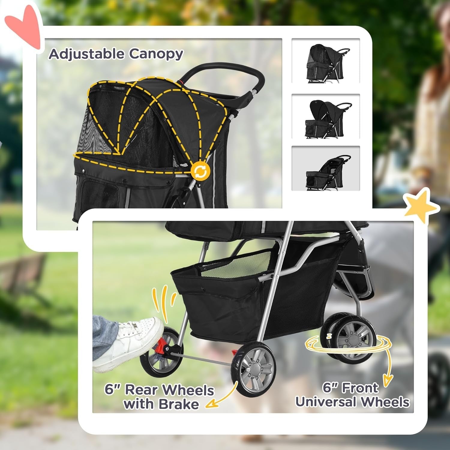 Pet Travel Stroller 3-Wheel Dog Cat Pushchair Carrier Black Foldable