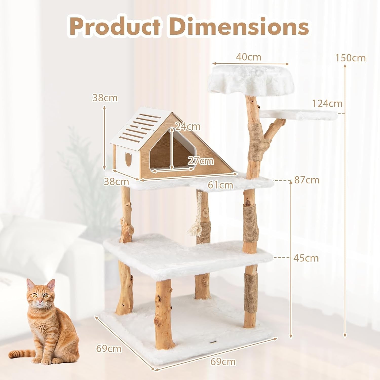 150cm Wooden Cat Tree Multi Level Tower with House Perch Jute Scratching