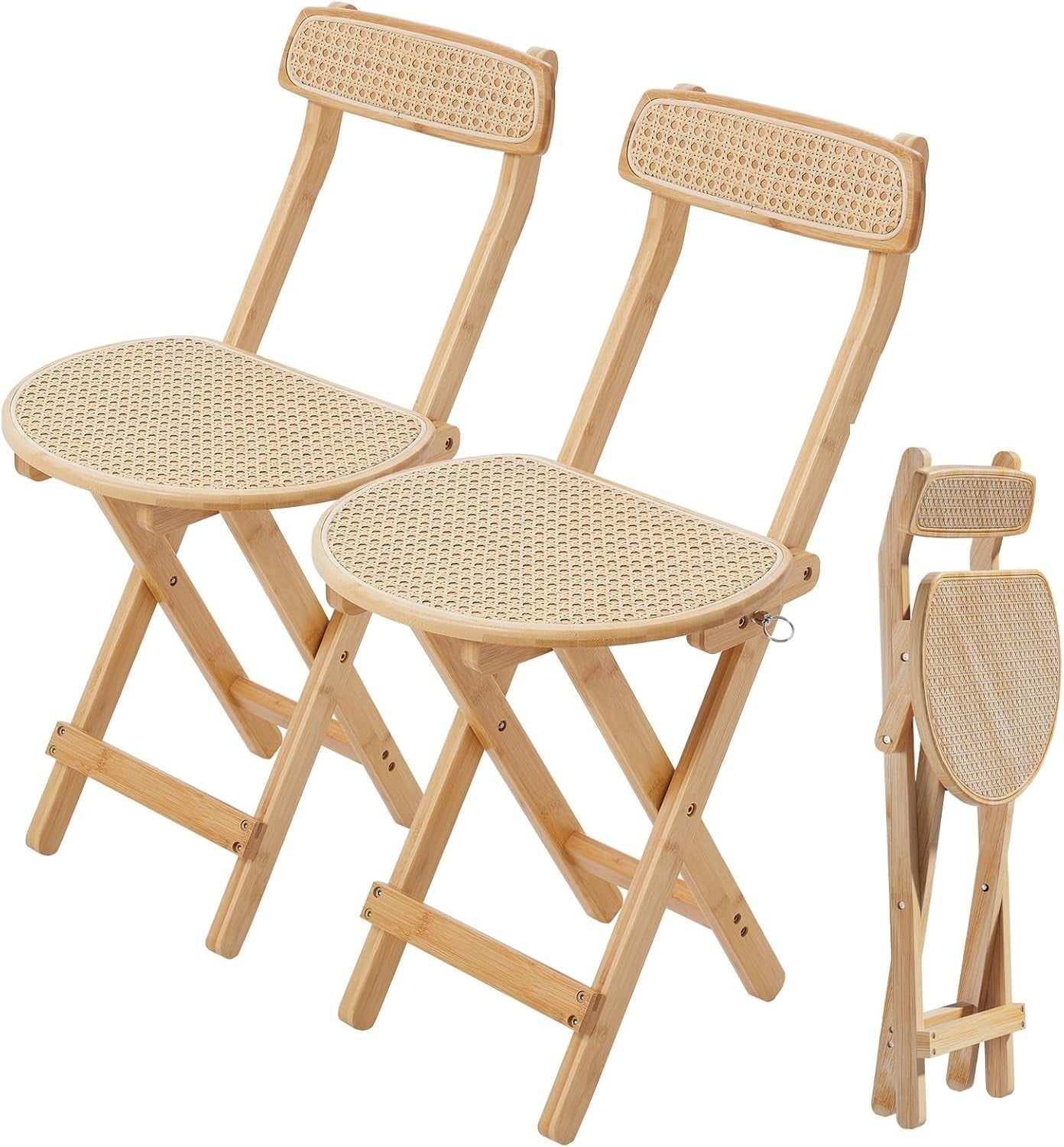 Set of 2 Folding Wooden Rattan Dining Chairs Space Saving Farmhouse Style