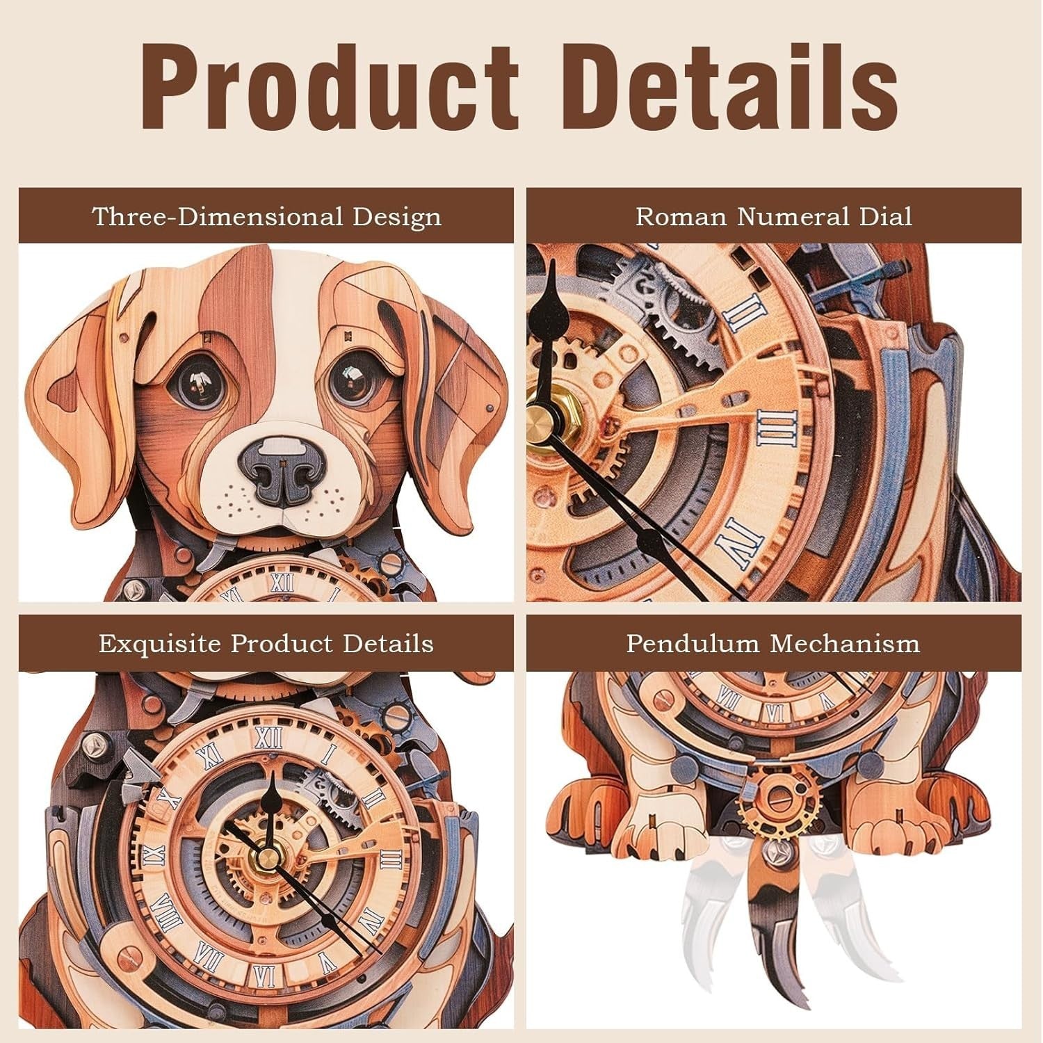 3D Wooden Beagle Dog Puzzle Wall Clock with Pendulum, DIY Gift