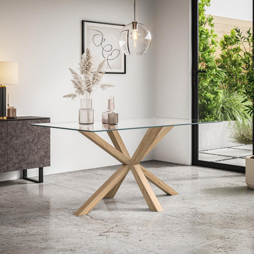 Rectangular Glass Dining Table 160cm Solid Oak Legs 4-6 Seater