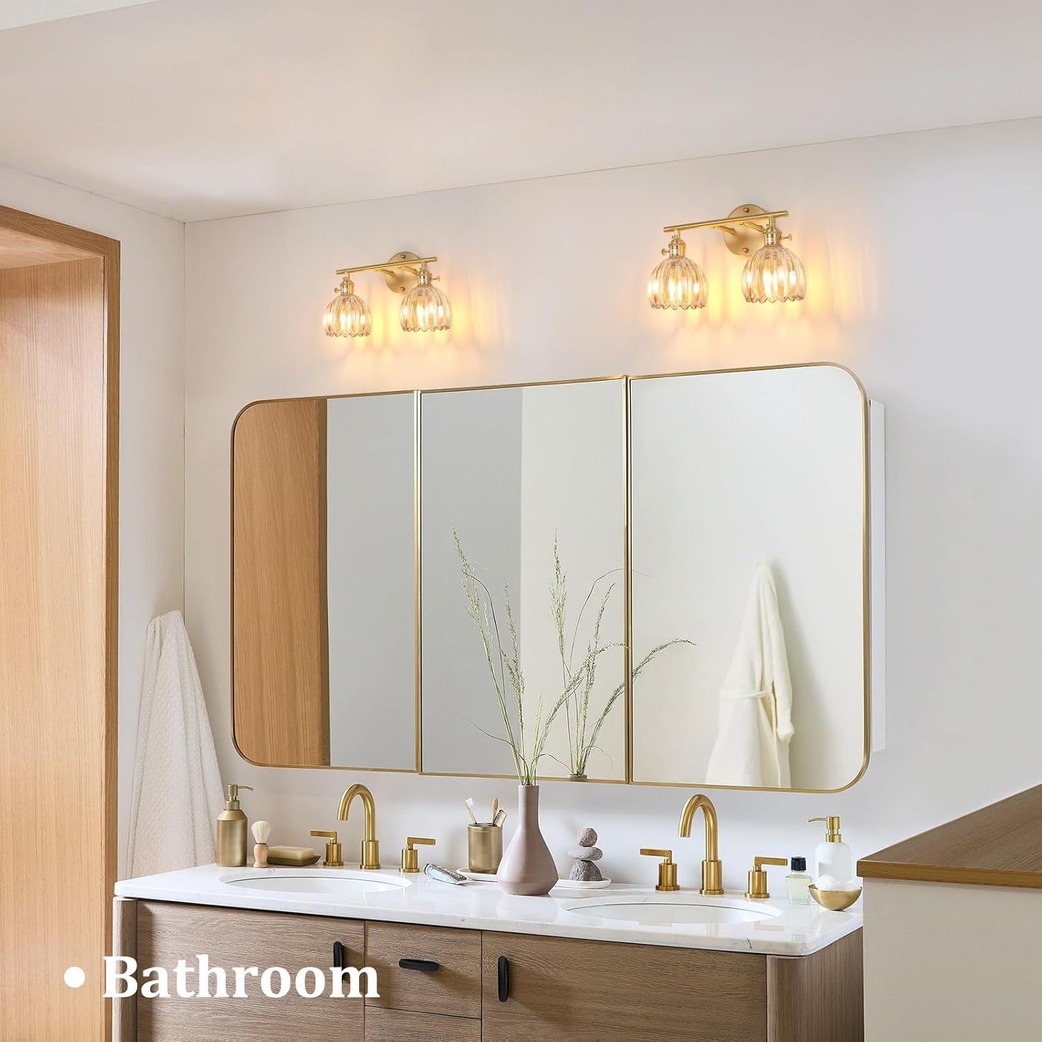 2-Light Amber Glass Wall Sconce Vanity Light Vintage Brass Fixture