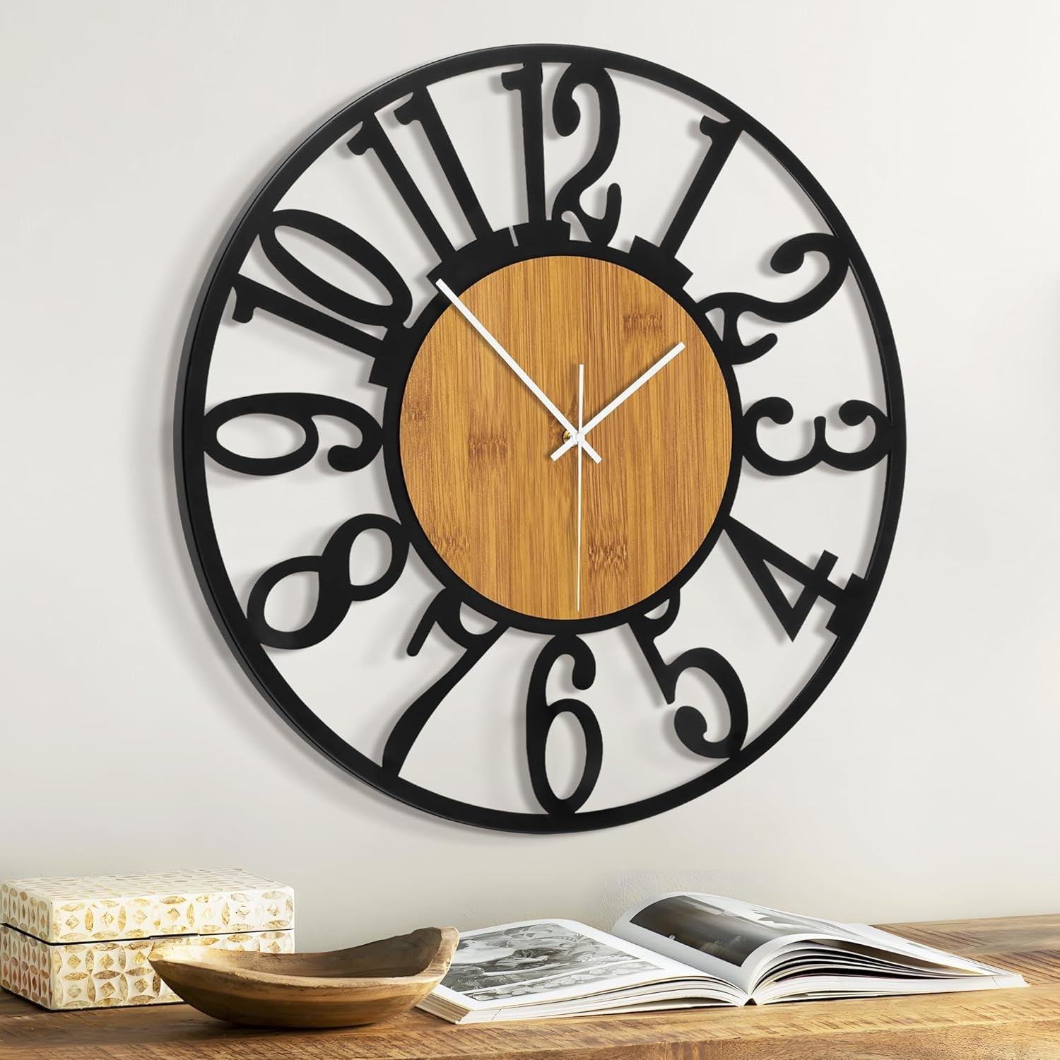 24" Large Wall Clock Modern Wood & Metal Silent Arabic Numerals Home Decor