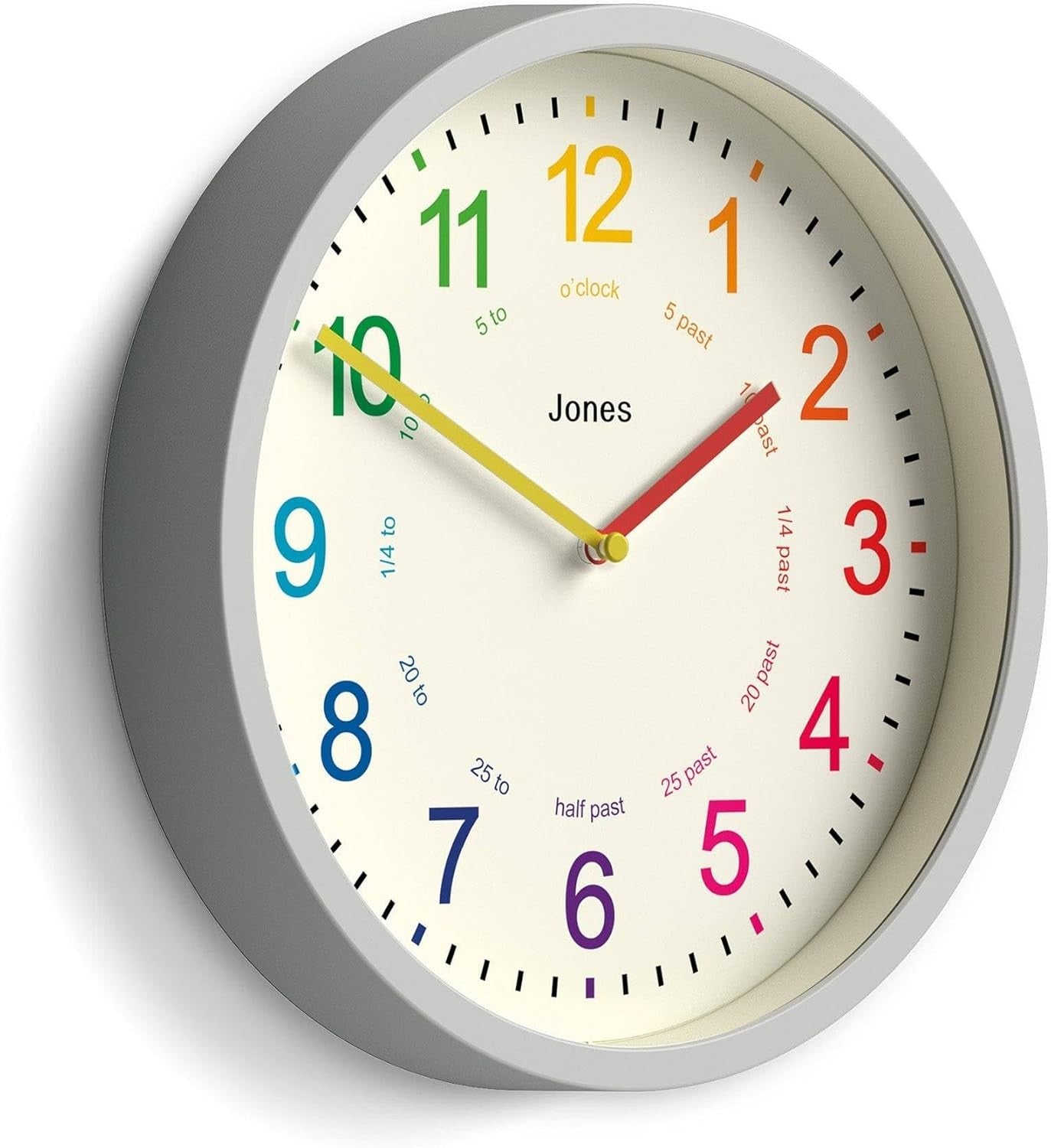 Kids Wall Clock 25cm Silent Quartz Grey Modern Colourful Number Nursery Clock