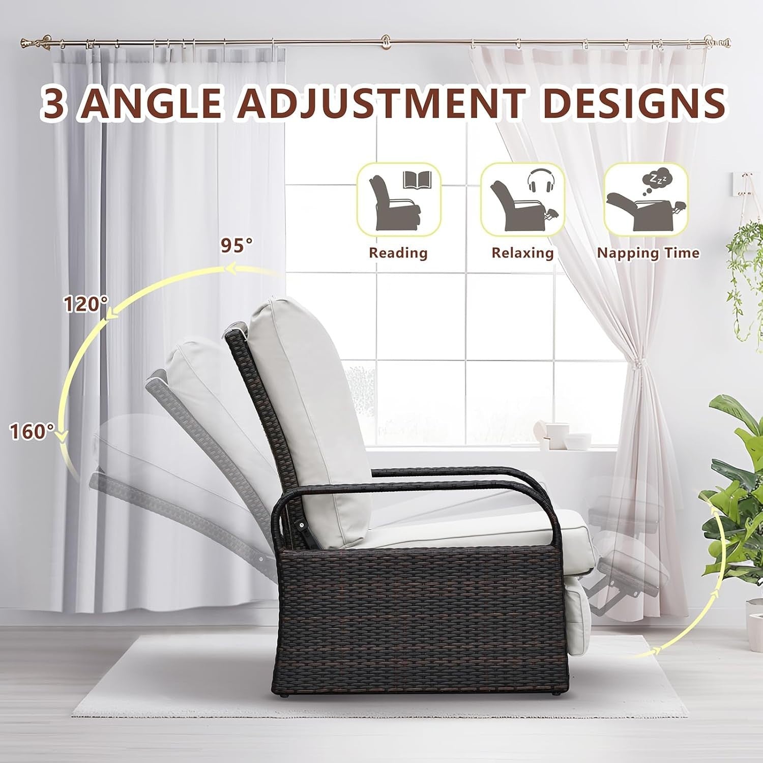 Adjustable Recliner Patio Chair Outdoor Rattan Lounge with Removable Cushion