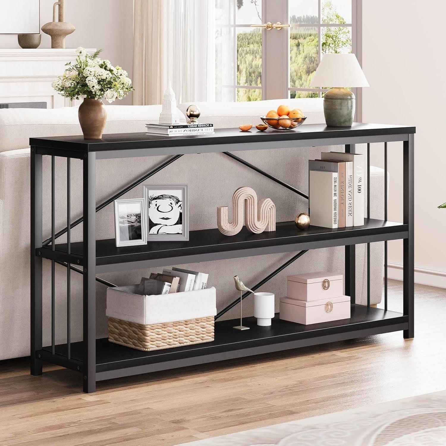 Modern Black Console Table with 3-Tier Storage, Industrial Metal Frame, 140cm