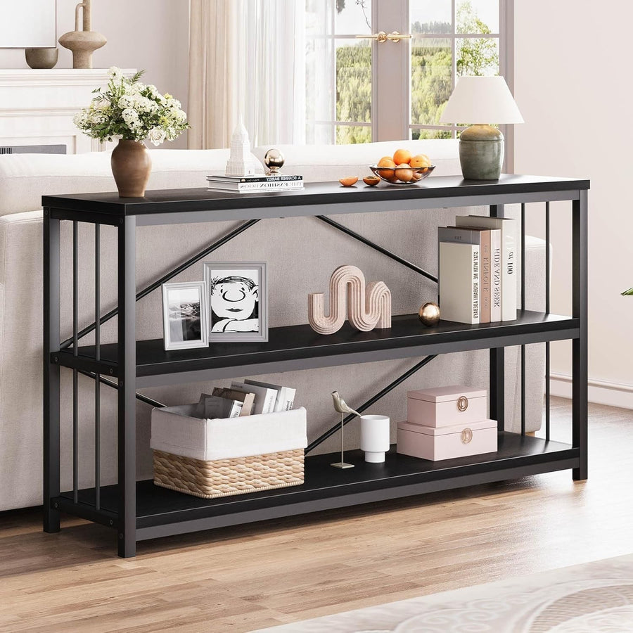 Modern Black Console Table with 3-Tier Storage, Industrial Metal Frame, 140cm