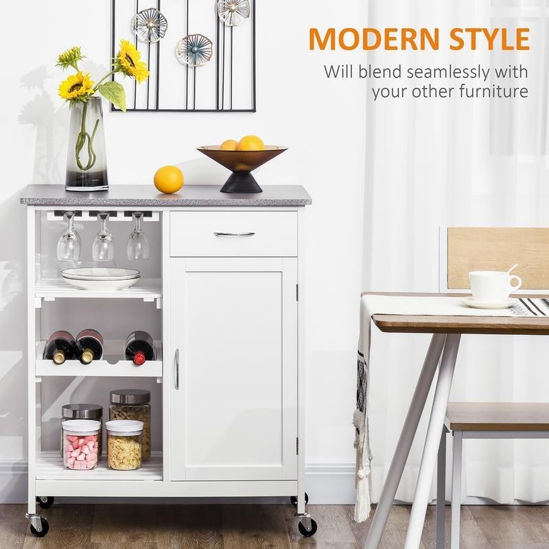 White Kitchen Trolley with Marble Top, Shelves & Wine Rack on Wheels