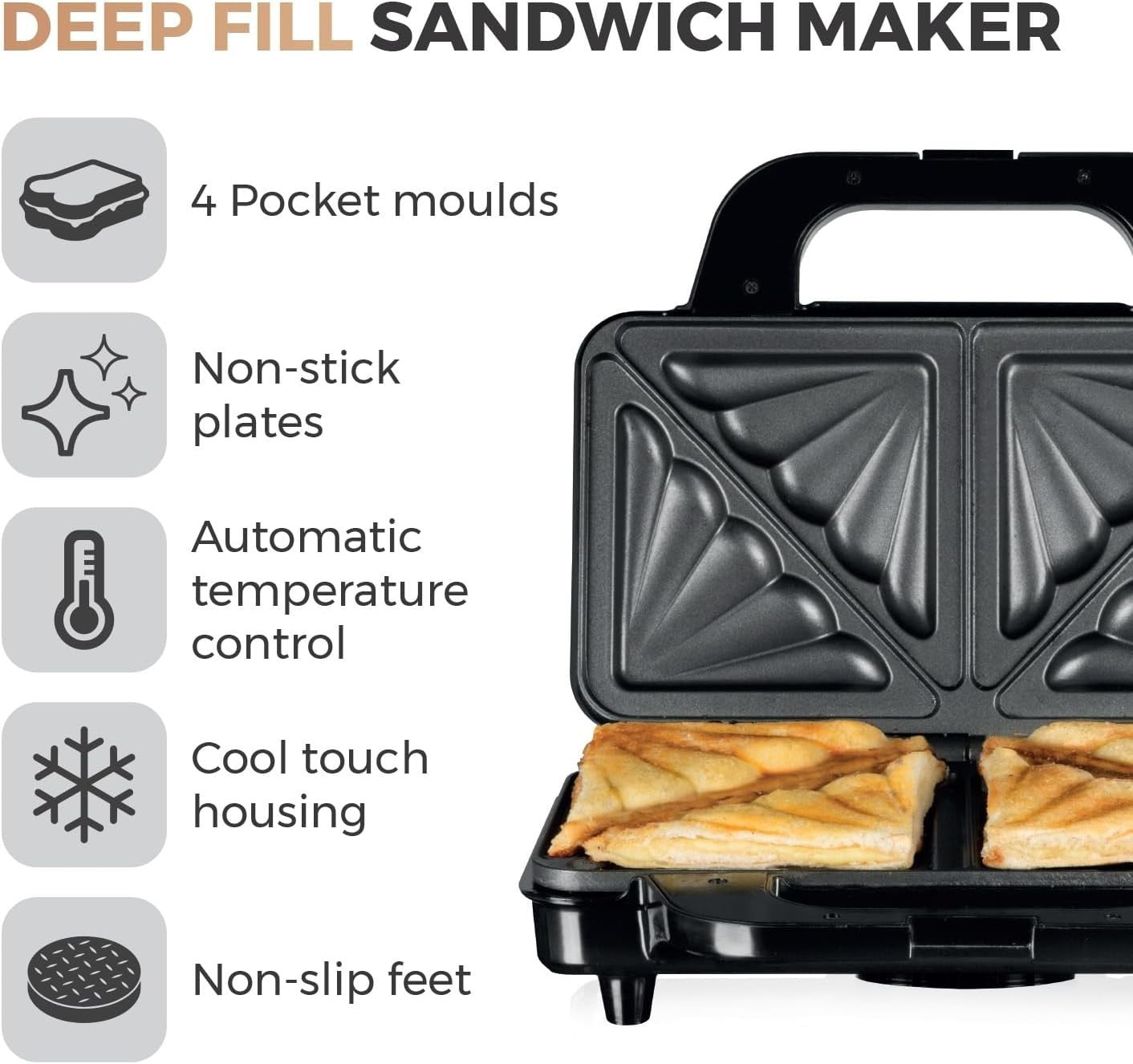 Deep Fill Sandwich Maker 4 Pocket Non-Stick Plates Automatic Temp Control 900W
