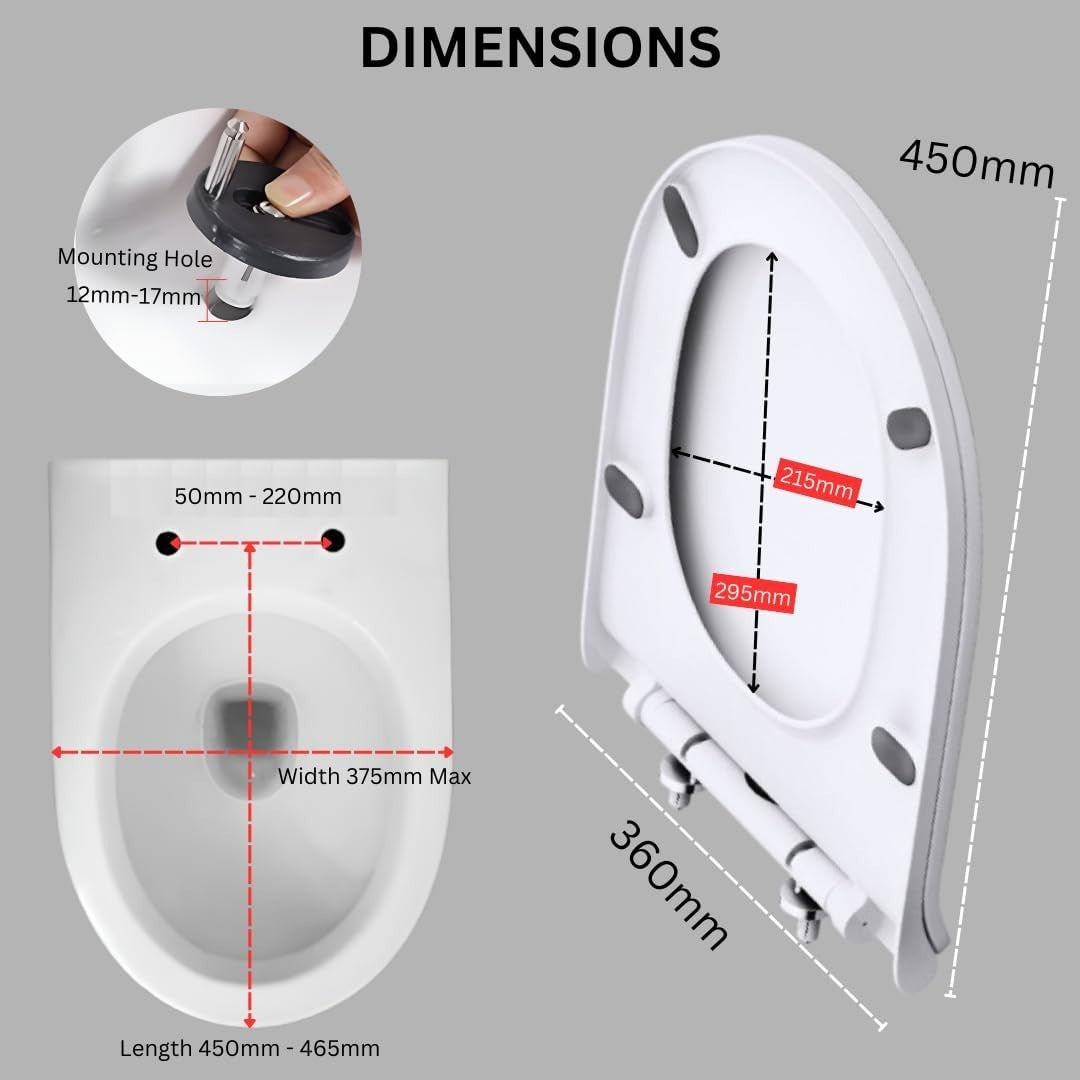 Soft Close D-Shaped Toilet Seat Slim Quick Release White Gloss 360x470mm