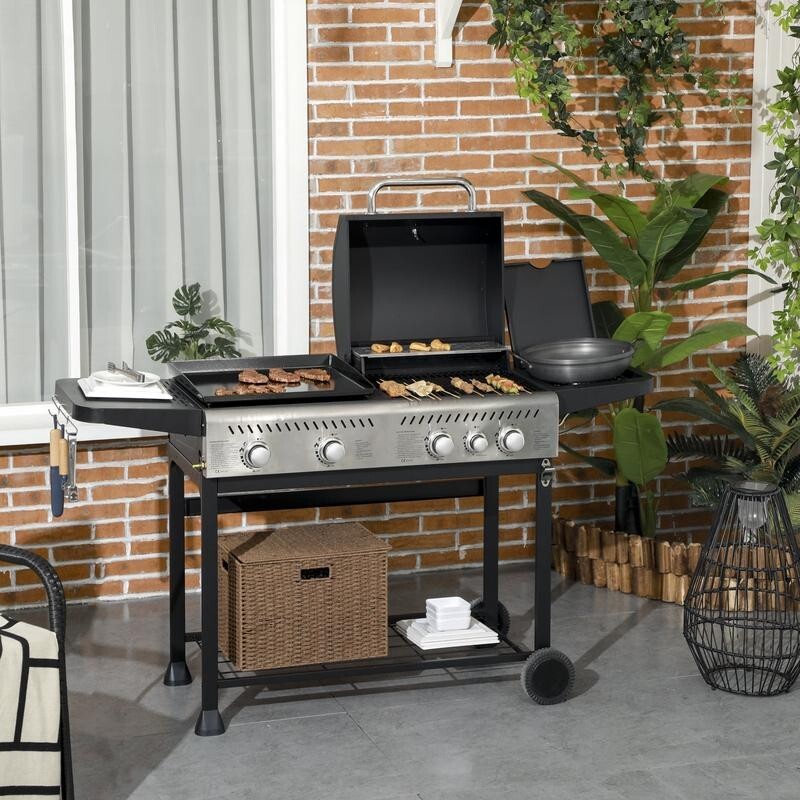 15kW Gas BBQ Grill & Plancha w/ Side Burner, Smoker Lid, Wheels & Hooks