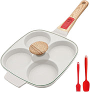 4-Cup Egg Pan Non-Stick Pancake Skillet w/ Lid & Detachable Handle White