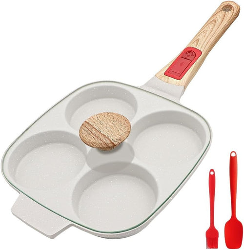 4-Cup Egg Pan Non-Stick Pancake Skillet w/ Lid & Detachable Handle White