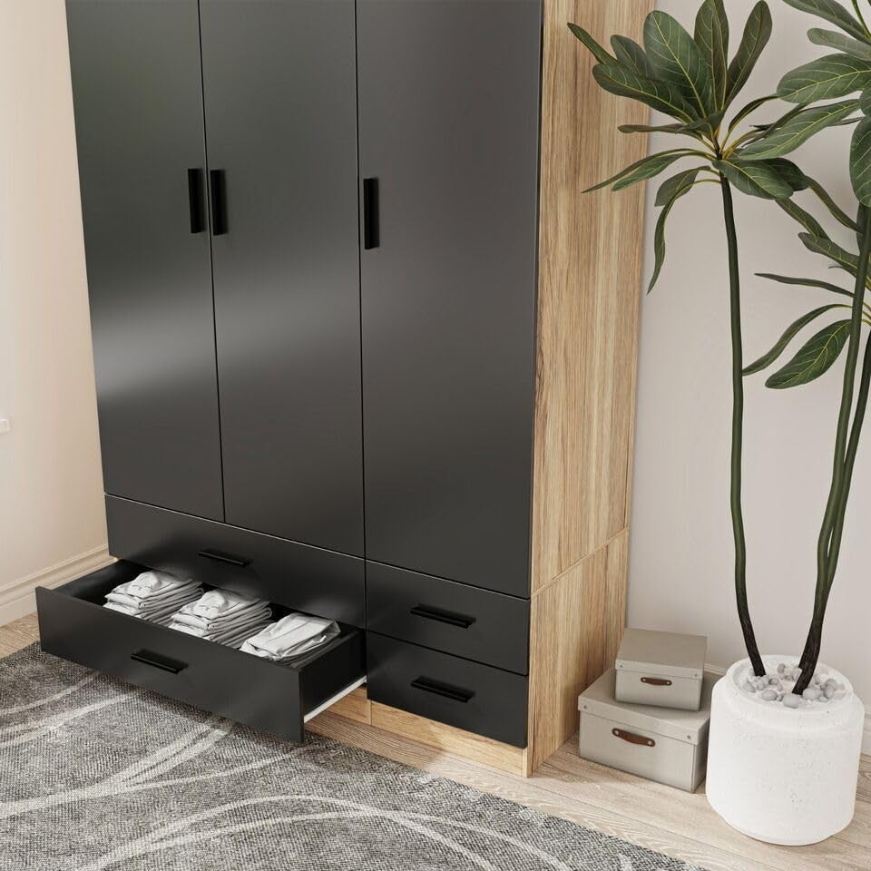 Oak & Black Wardrobe 3 Door 4 Drawer Modern Storage Cabinet Bedroom