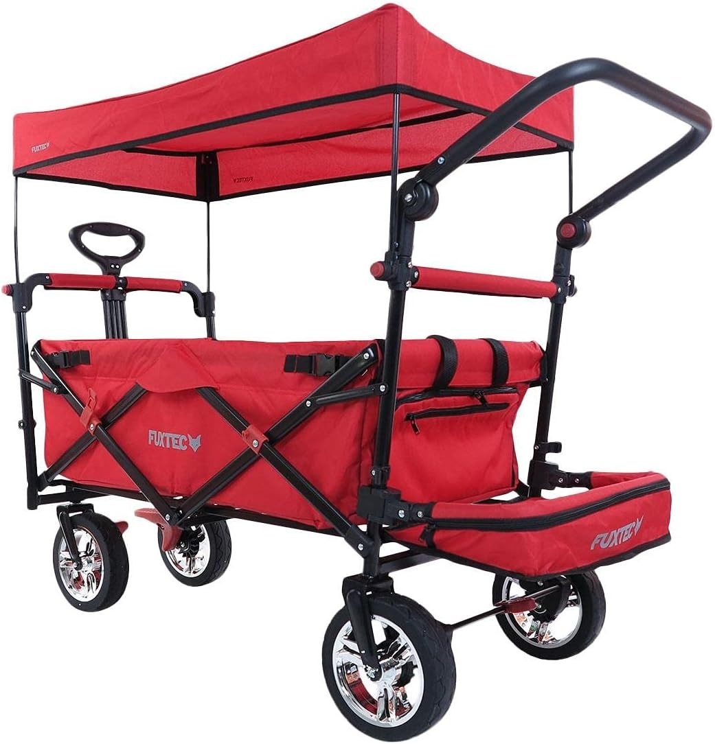 Red Folding Kids Wagon w/ Roof Push Pull Cart Brakes Solid Wheels & Extension