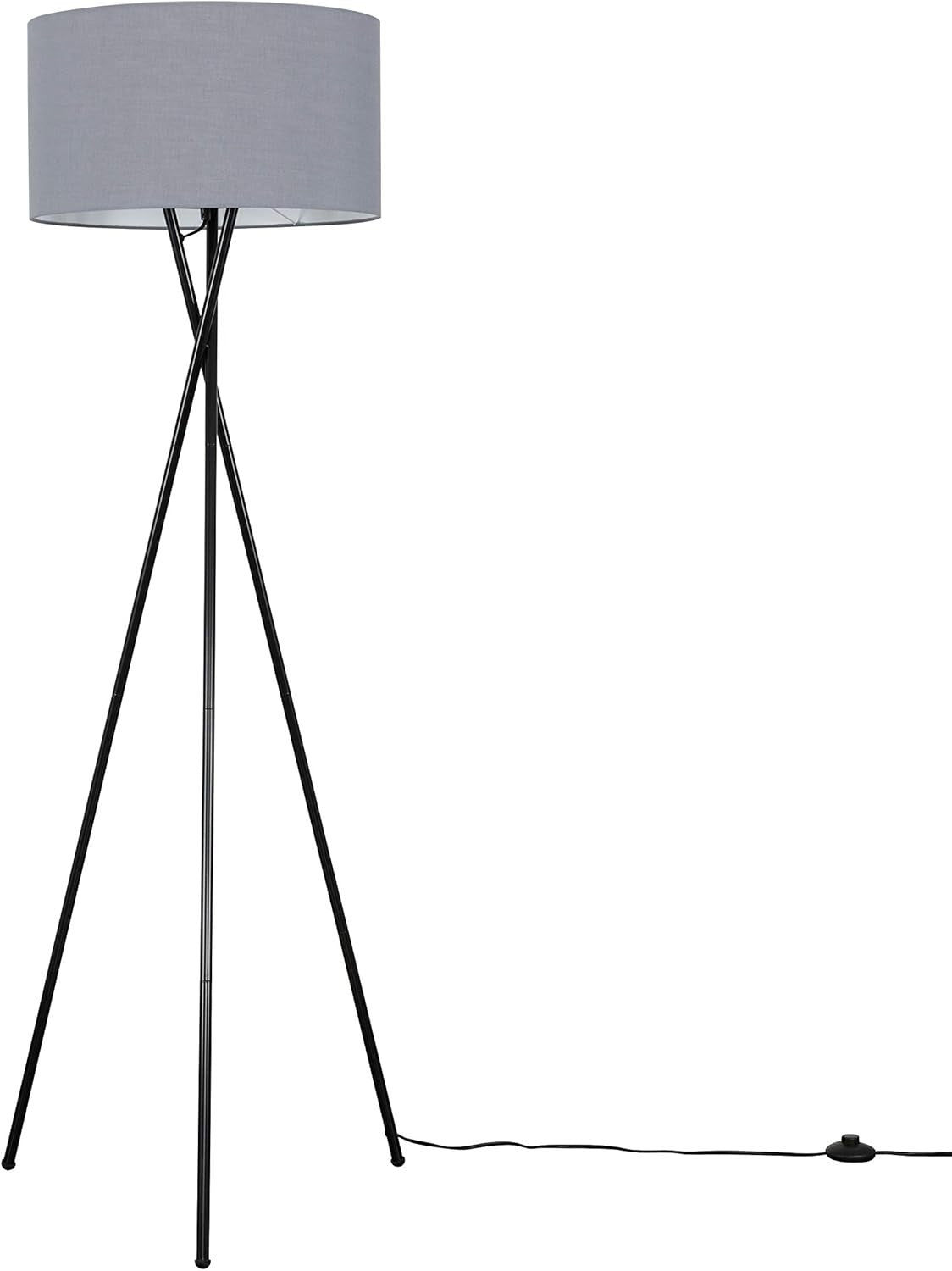 Tripod Floor Lamp Black Metal Stand Dark Grey Fabric Shade LED Bulb