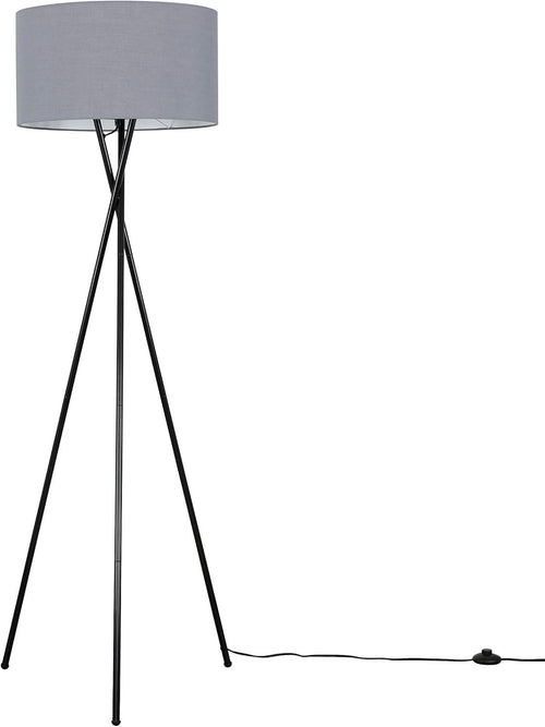 Tripod Floor Lamp Black Metal Stand Dark Grey Fabric Shade LED Bulb