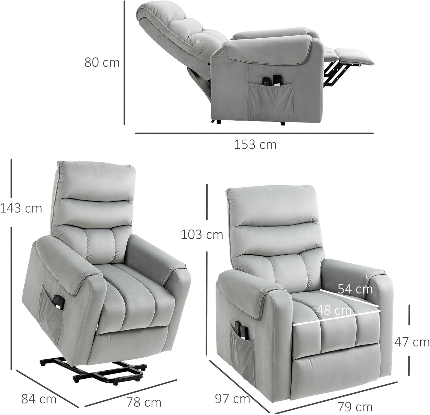 Power Lift Recliner Chair Massage 135° Recline Velvet Upholstered Pockets Grey