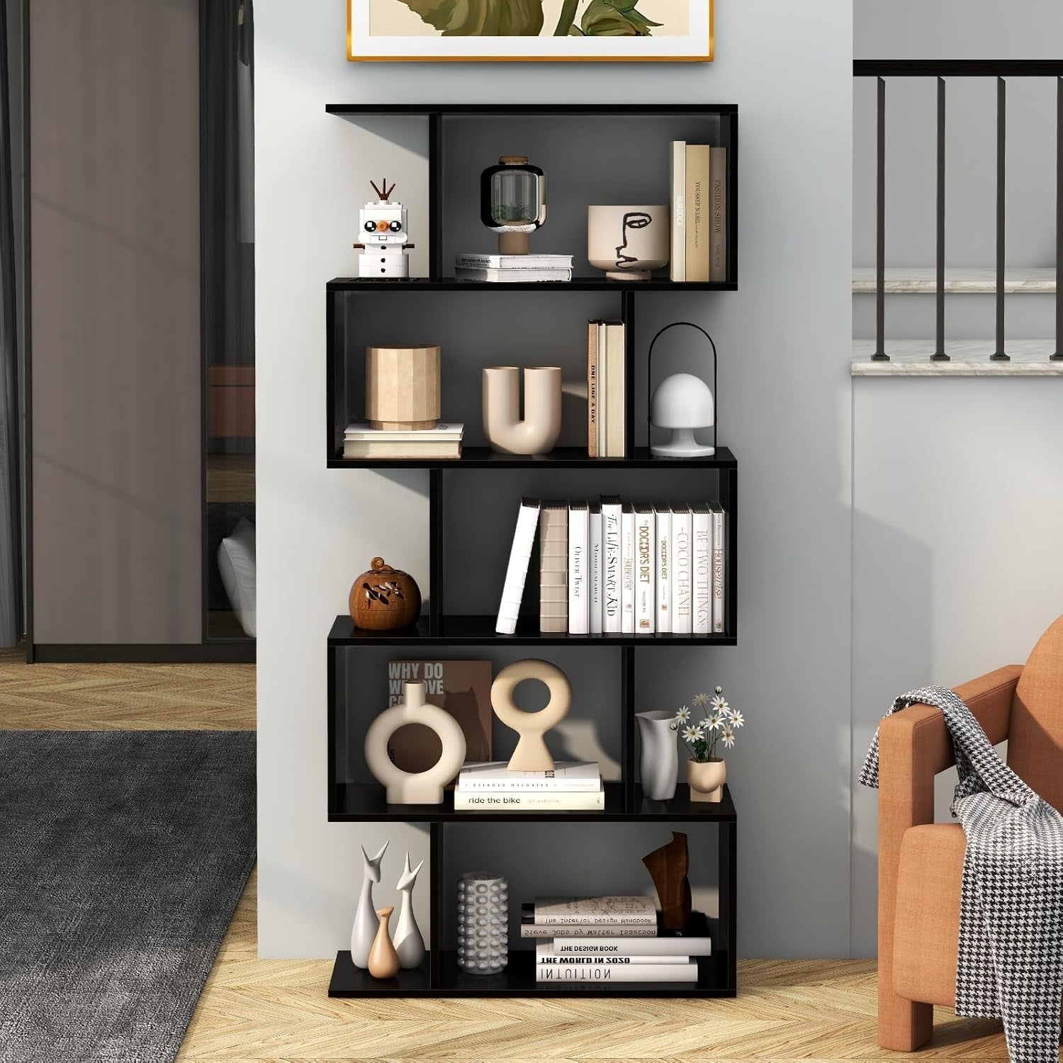 S Shaped 5 Tier Wooden Bookcase Freestanding Display Storage Shelf Black