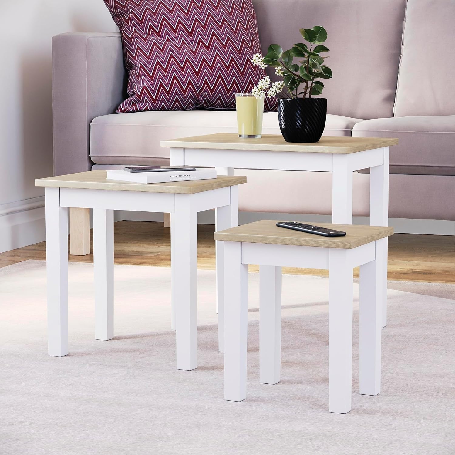 Space Saving Nesting End Tables Set of 3 Oak White Engineered Wood Coffee Sofa