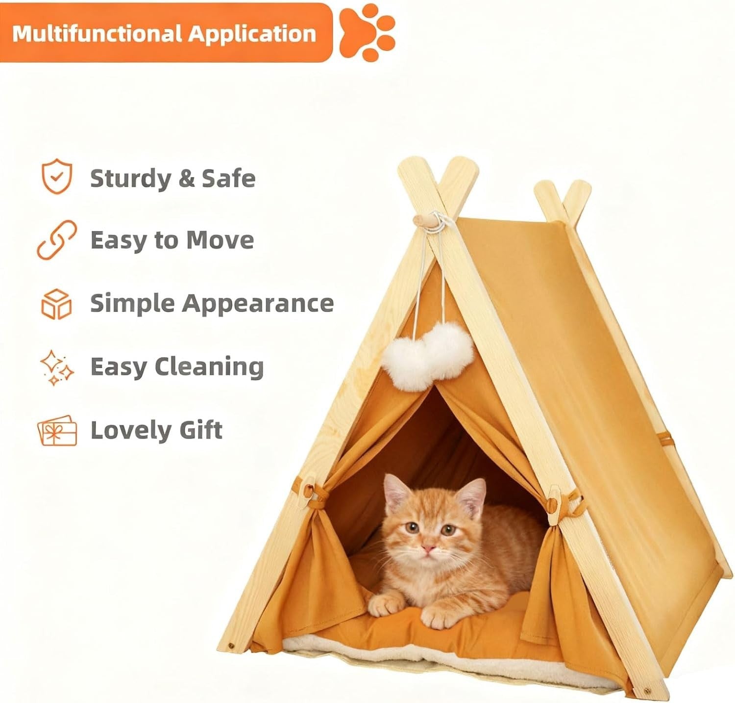 Wooden Pet Teepee Tent Cat Dog House w Cushion Indoor Shelter Yellow
